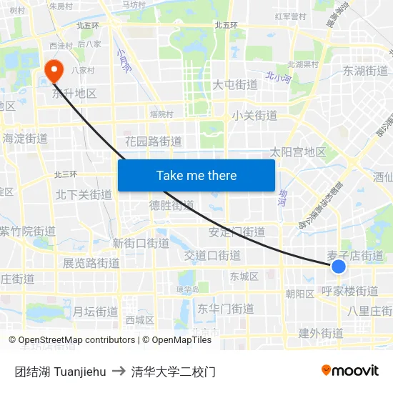 团结湖 Tuanjiehu to 清华大学二校门 map