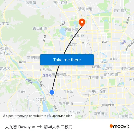 大瓦窑 Dawayao to 清华大学二校门 map