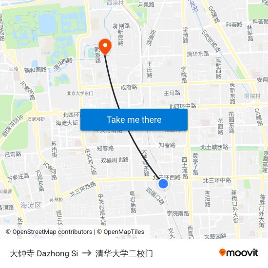 大钟寺 Dazhong Si to 清华大学二校门 map