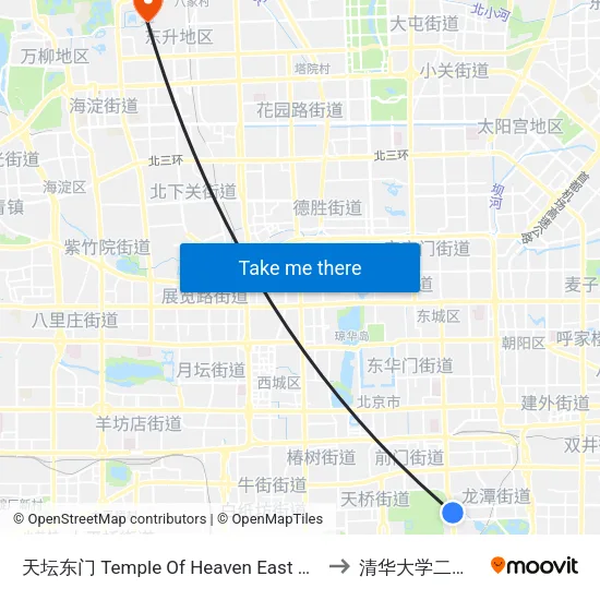 天坛东门 Temple Of Heaven East Gate to 清华大学二校门 map