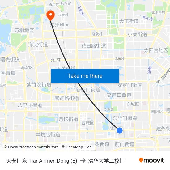 天安门东 Tian'Anmen Dong (E) to 清华大学二校门 map