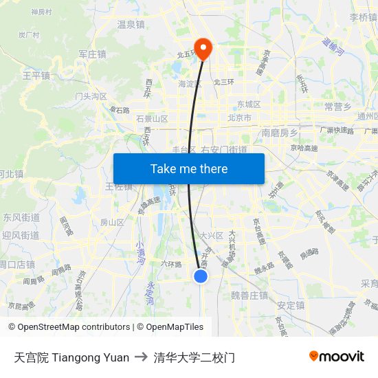 天宫院 Tiangong Yuan to 清华大学二校门 map