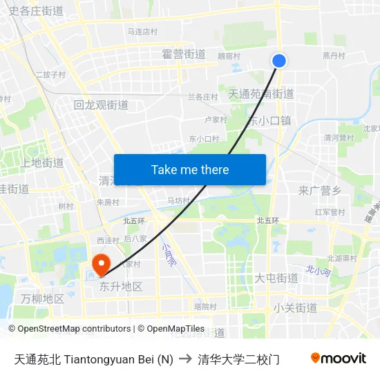 天通苑北 Tiantongyuan Bei (N) to 清华大学二校门 map