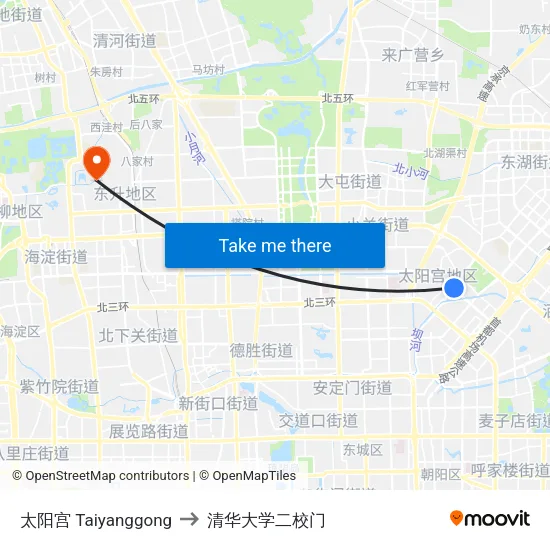 太阳宫 Taiyanggong to 清华大学二校门 map
