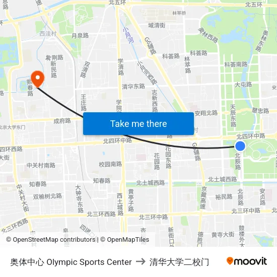 奥体中心 Olympic Sports Center to 清华大学二校门 map