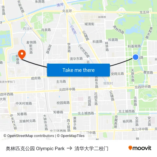 奥林匹克公园 Olympic Park to 清华大学二校门 map