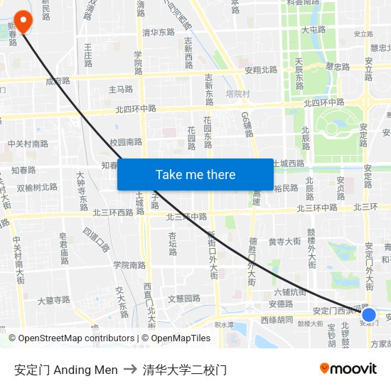安定门 Anding Men to 清华大学二校门 map