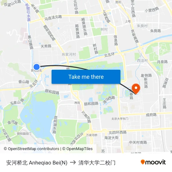 安河桥北 Anheqiao Bei(N) to 清华大学二校门 map