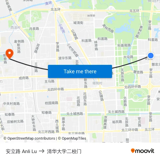 安立路 Anli Lu to 清华大学二校门 map