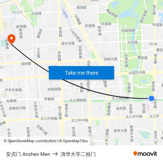 安贞门 Anzhen Men to 清华大学二校门 map