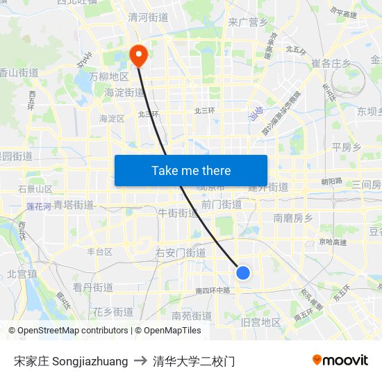 宋家庄 Songjiazhuang to 清华大学二校门 map