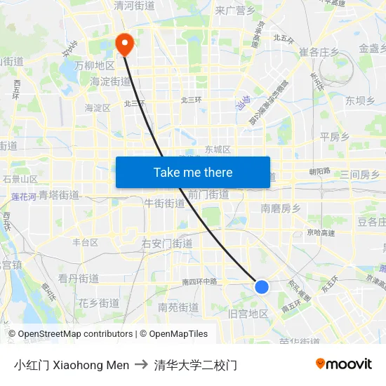 小红门 Xiaohong Men to 清华大学二校门 map