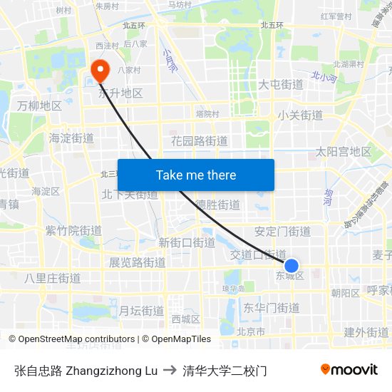 张自忠路  Zhangzizhong Lu to 清华大学二校门 map
