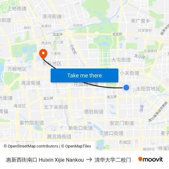 惠新西街南口 Huixin Xijie Nankou to 清华大学二校门 map