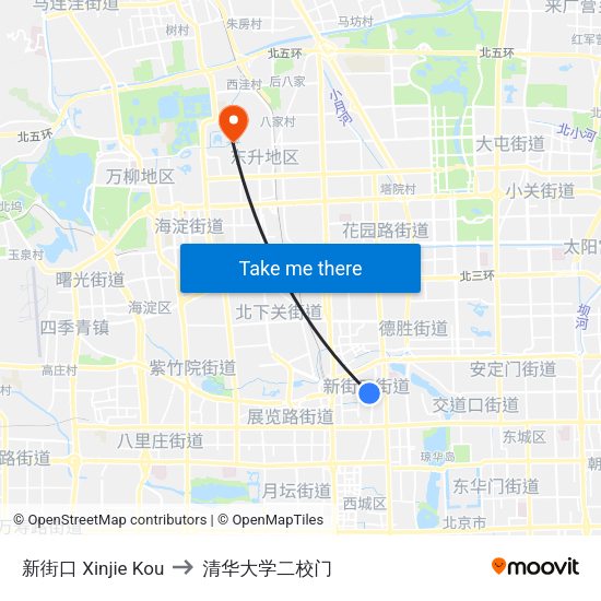 新街口 Xinjie Kou to 清华大学二校门 map