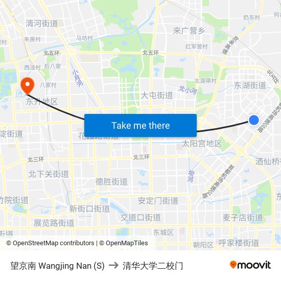 望京南 Wangjing Nan (S) to 清华大学二校门 map