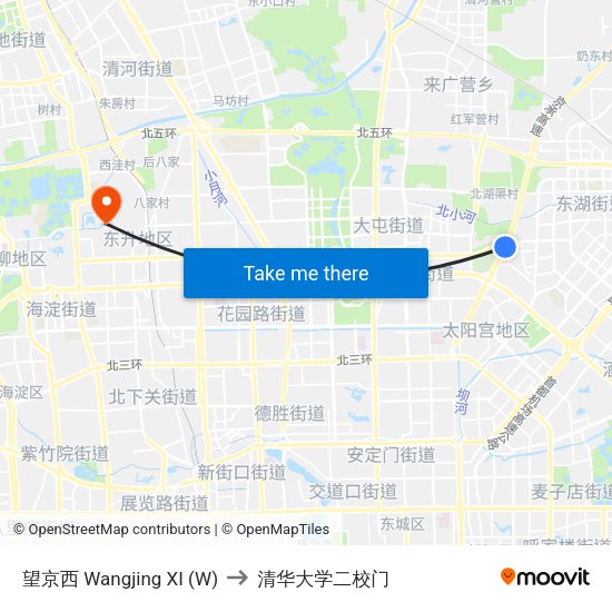 望京西 Wangjing XI (W) to 清华大学二校门 map