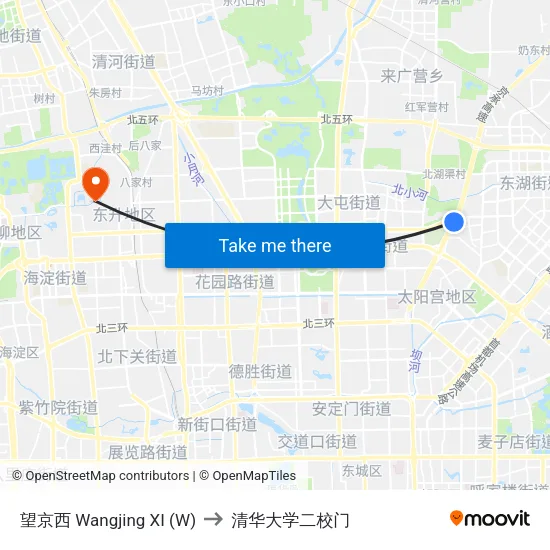望京西 Wangjing XI (W) to 清华大学二校门 map
