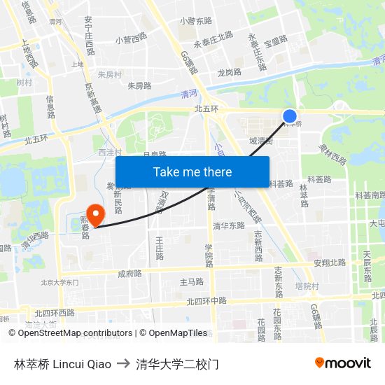 林萃桥 Lincui Qiao to 清华大学二校门 map