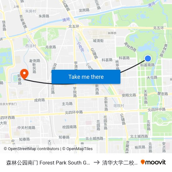 森林公园南门 Forest Park South Gate to 清华大学二校门 map