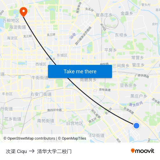 次渠 Ciqu to 清华大学二校门 map