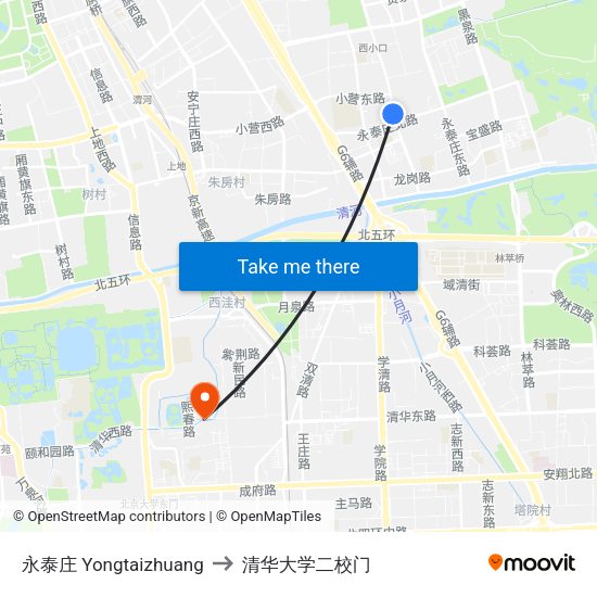 永泰庄 Yongtaizhuang to 清华大学二校门 map