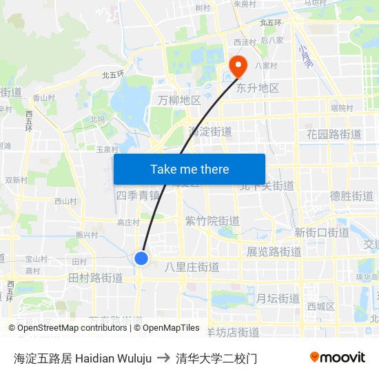 海淀五路居 Haidian Wuluju to 清华大学二校门 map