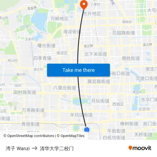 湾子 Wanzi to 清华大学二校门 map