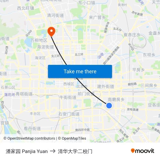 潘家园 Panjia Yuan to 清华大学二校门 map
