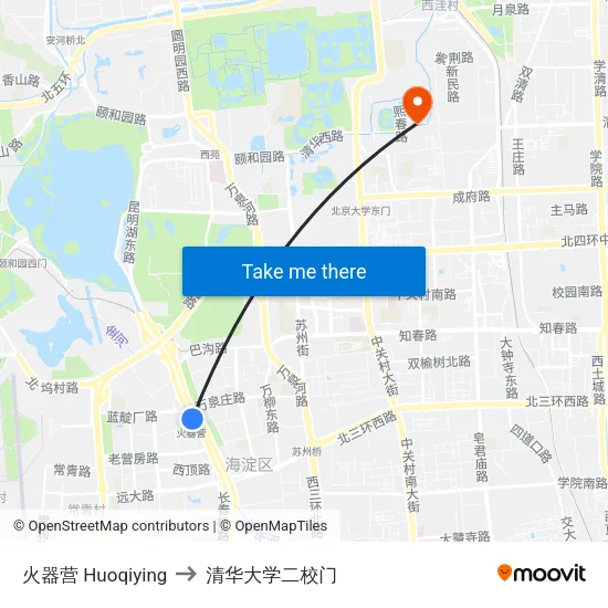 火器营 Huoqiying to 清华大学二校门 map