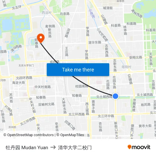 牡丹园 Mudan Yuan to 清华大学二校门 map