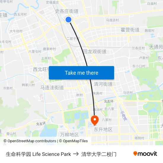 生命科学园  Life Science Park to 清华大学二校门 map