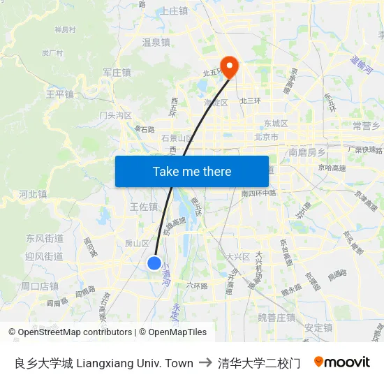 良乡大学城 Liangxiang Univ. Town to 清华大学二校门 map