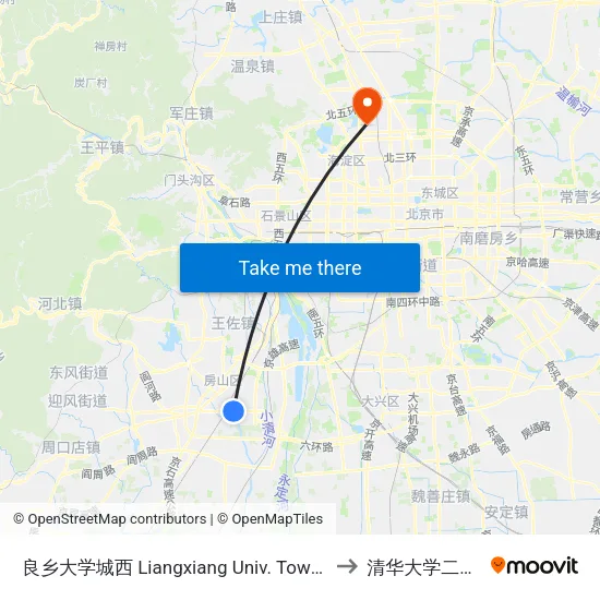 良乡大学城西 Liangxiang Univ. Town West to 清华大学二校门 map