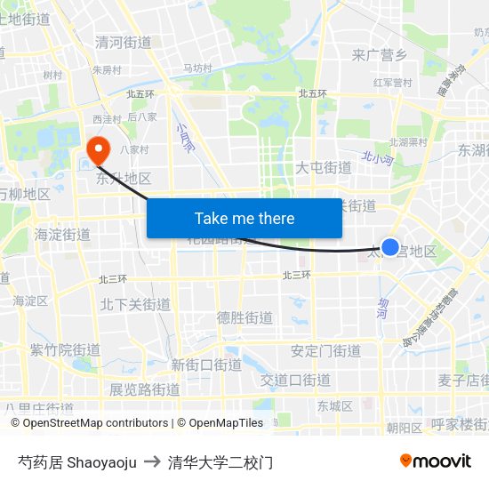 芍药居 Shaoyaoju to 清华大学二校门 map