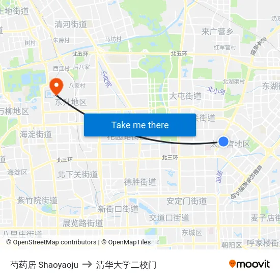 芍药居 Shaoyaoju to 清华大学二校门 map