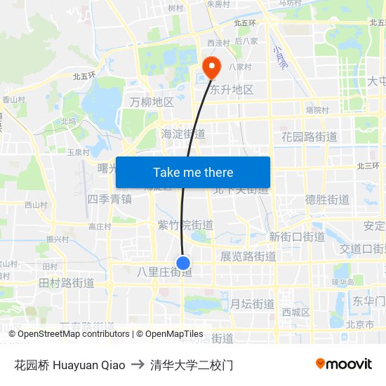 花园桥 Huayuan Qiao to 清华大学二校门 map