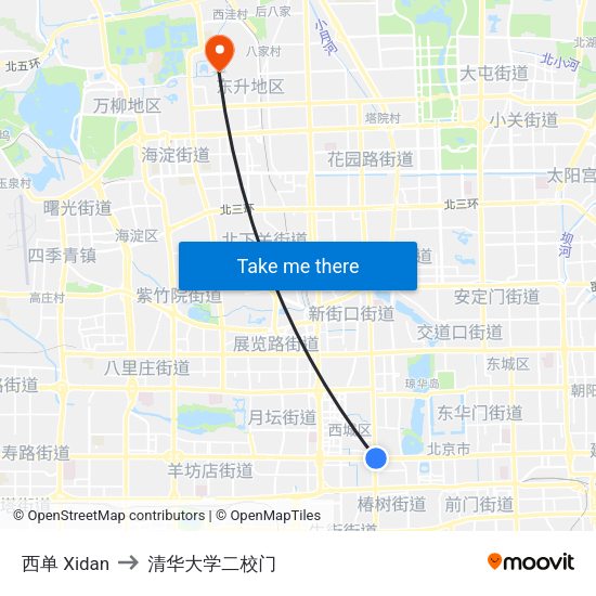 西单 Xidan to 清华大学二校门 map