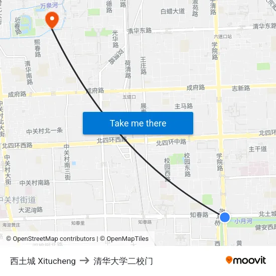 西土城 Xitucheng to 清华大学二校门 map
