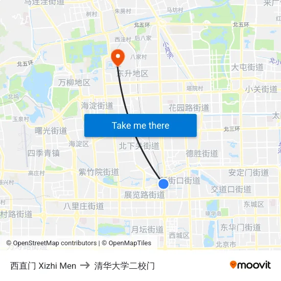 西直门 Xizhi Men to 清华大学二校门 map