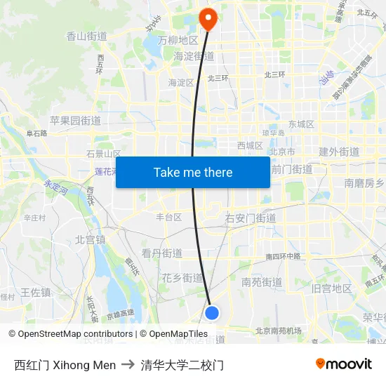 西红门 Xihong Men to 清华大学二校门 map