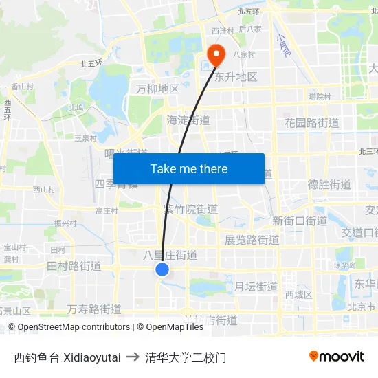 西钓鱼台 Xidiaoyutai to 清华大学二校门 map