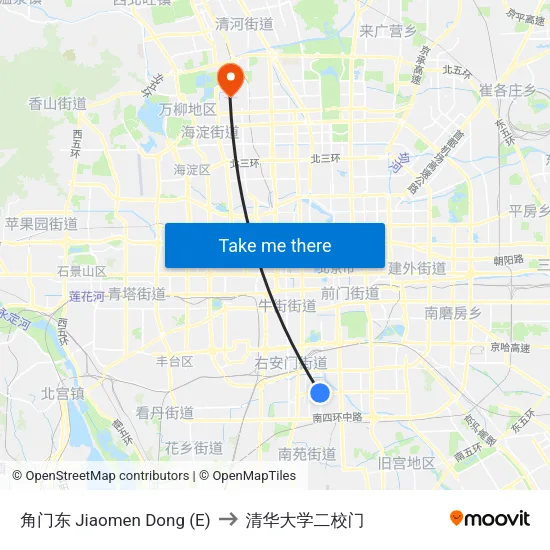 角门东 Jiaomen Dong (E) to 清华大学二校门 map