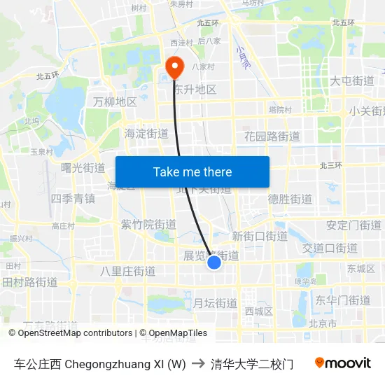 车公庄西 Chegongzhuang XI (W) to 清华大学二校门 map
