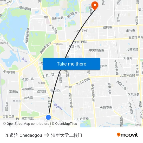 车道沟 Chedaogou to 清华大学二校门 map
