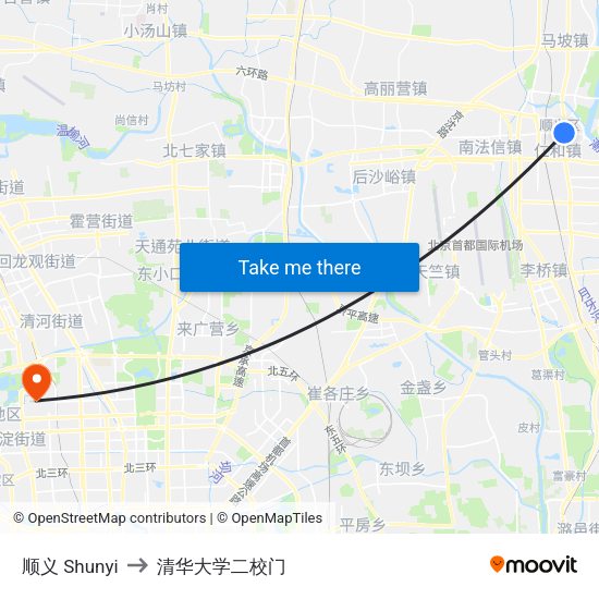 顺义 Shunyi to 清华大学二校门 map