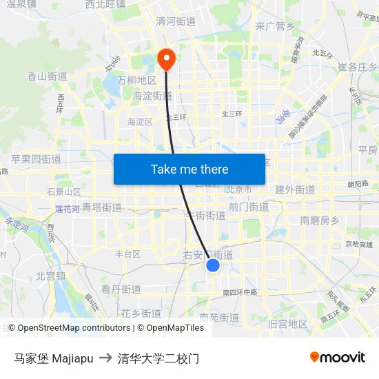 马家堡 Majiapu to 清华大学二校门 map