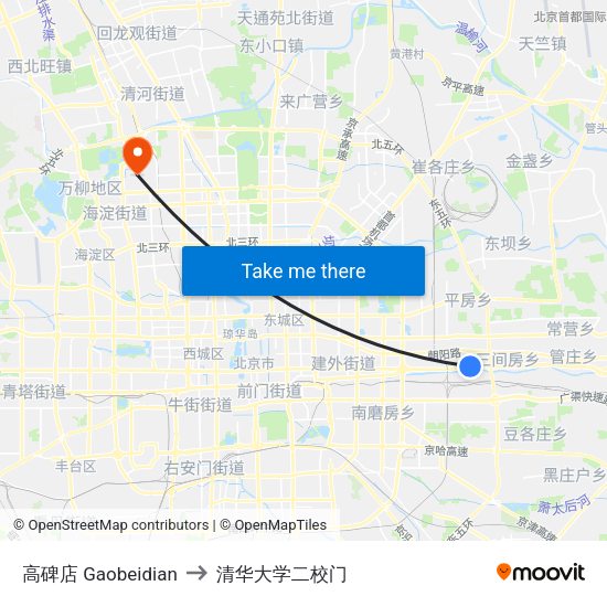 高碑店 Gaobeidian to 清华大学二校门 map