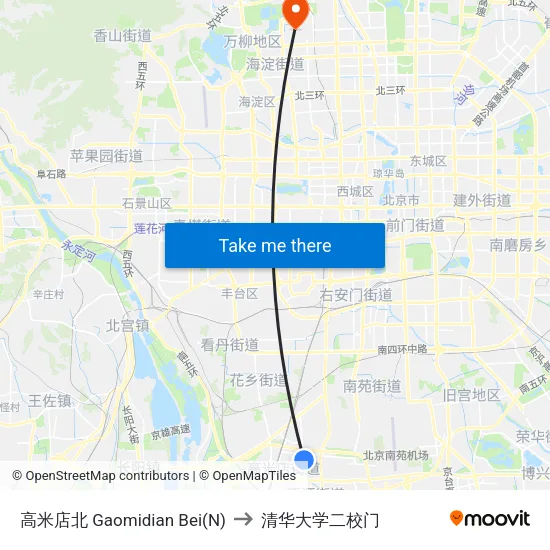 高米店北 Gaomidian Bei(N) to 清华大学二校门 map