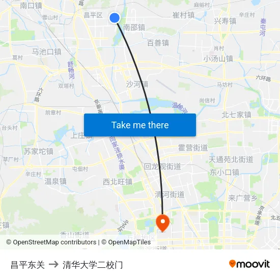 昌平东关 to 清华大学二校门 map
